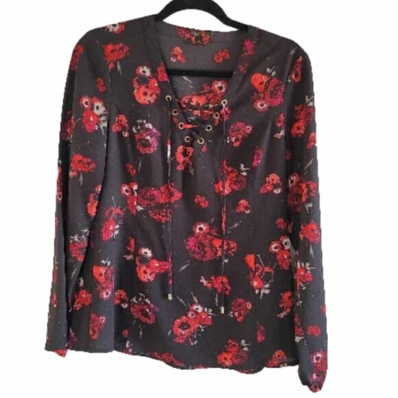 Guess Semi-sheer Black, red and grey floral print blouse. EUC - Picture 1 of 9